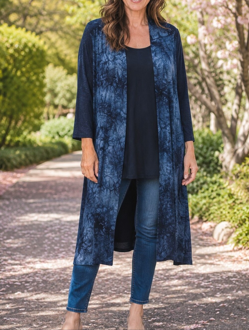 NWT Ever Sassy Navy Tie-Dye Open Front Long Cardigan Duster Boho Lightweight